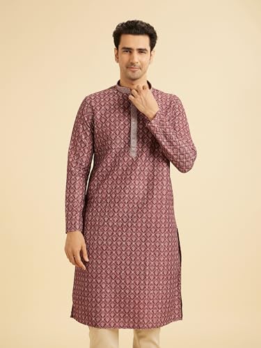 Manyavar Men's Art Silk Printed Kurta Pyjama Set (2pcs), Rust, 2XL