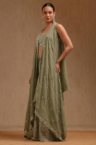 Soch Womens Georgette Embroidered Co-Ord Set With Mirror Work, Sap Green, XL