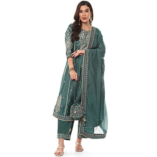 Dark Green Cotton Blend A-Line Kurta Palazzo Suit Set