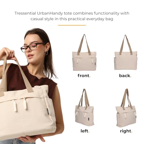 Tressential UrbanHandy Canvas Tote Bag, HandBag for Women, Multi-Pocket Design, Casual Style for Office & College, Ivory