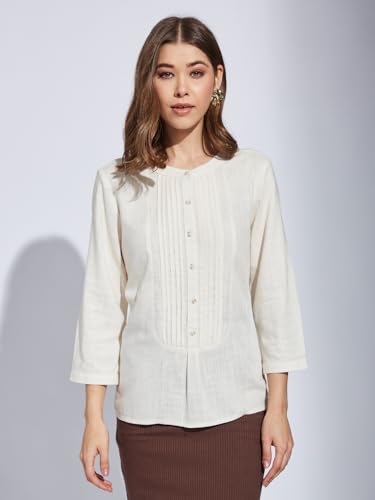Latin Quarter Women White Round Neck 3/4Th Sleeve Solid Tunic Blouse