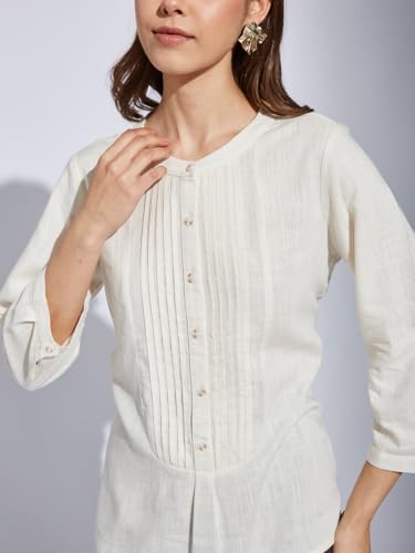 Latin Quarter Women White Round Neck 3/4Th Sleeve Solid Tunic Blouse