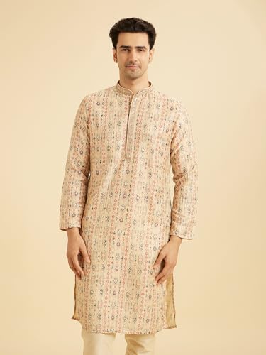 Manyavar Men's Art Silk Printed with Thread Work Kurta Set (2pcs), Beige, S
