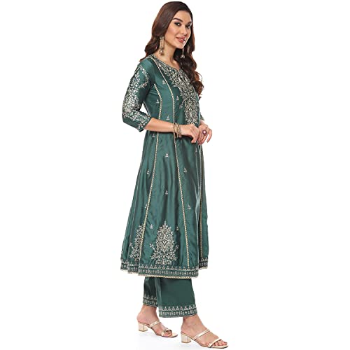 Dark Green Cotton Blend A-Line Kurta Palazzo Suit Set