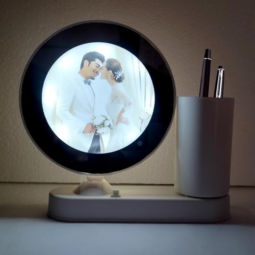 Customized Round LED Magic Mirror Photo Frame with Pen Stand – Personalized LED Light Picture Frame for Desk, Gifts for Couples, Anniversary, Wedding, Birthday (warm white Light Round Shaped)