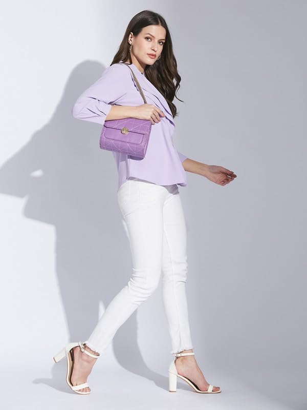 Latin Quarters Women Lavender Mandarin Collar 3/4 Sleeve Solid Top