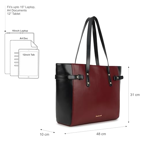 Fastrack Cherry Powermode Laptop Tote For Women | Cherry & Black Faux Leather Bag | Fits Upto 15" Laptop | Ladies Tote Bag with Zipper Closure & Utility Pockets