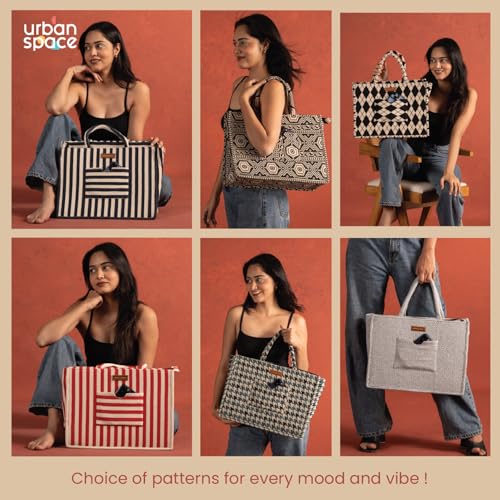 Urban Space Women's Latest The Trove Box Bag, Stylish & Multisection Cotton Jacquard Handbag with Zip closure, Handcrafted Ladies Shoulder Purse With Two Handles, Padded Laptop space 16" - White