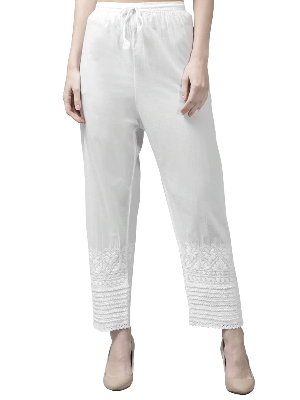 Ada Hand Embroidered Indian Chikankari White Cotton Palazzo Pant for Women A711151 (S)