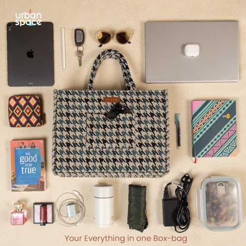 Urban Space Women's Latest The Trove Box Bag, Stylish & Multisection Cotton Jacquard Handbag with Zip closure, Handcrafted Ladies Shoulder Purse With Two Handles, Padded Laptop space 16" - White
