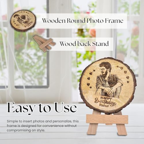 Giftanna Customize Engraved Natural Slice Wooden Photo Frame, Personalized Photo Gift for Birthday, Wedding, Real Wood Plaque with Wood Stand, Tabletop_ 5.5x5.5 inches