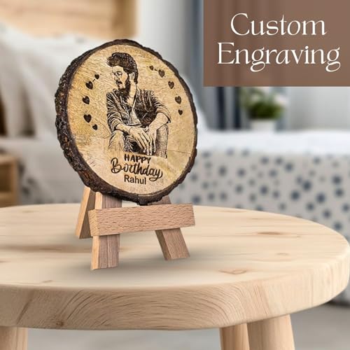 Giftanna Customize Engraved Natural Slice Wooden Photo Frame, Personalized Photo Gift for Birthday, Wedding, Real Wood Plaque with Wood Stand, Tabletop_ 5.5x5.5 inches