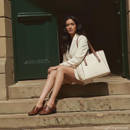 Fastrack WorkFlix Tote | 15” Laptop-Compatible Women’s Handbag | Beige Tote with tan Details & Gold Buckle Accents