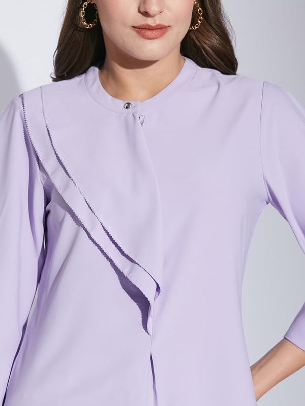 Latin Quarters Women Lavender Mandarin Collar 3/4 Sleeve Solid Top