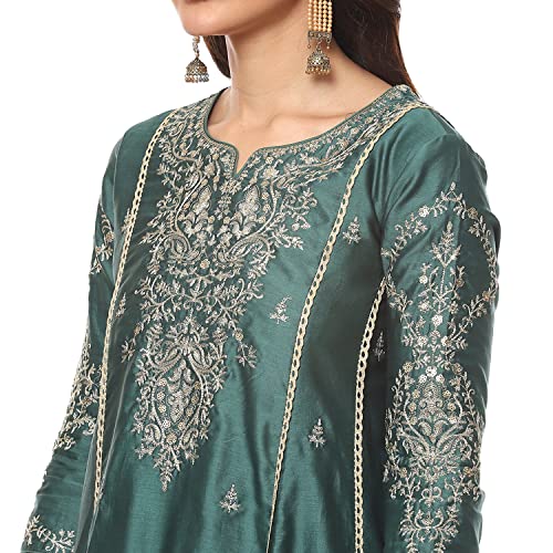 Dark Green Cotton Blend A-Line Kurta Palazzo Suit Set