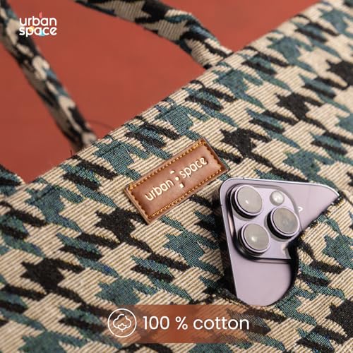 Urban Space Women's Latest The Trove Box Bag, Stylish & Multisection Cotton Jacquard Handbag with Zip closure, Handcrafted Ladies Shoulder Purse With Two Handles, Padded Laptop space 16" - White