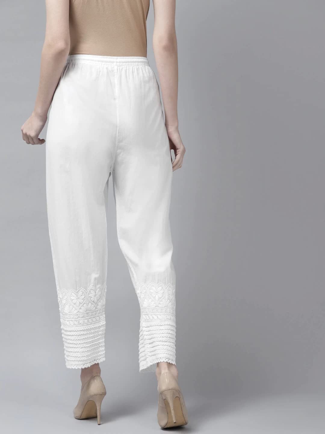 Ada Hand Embroidered Indian Chikankari White Cotton Palazzo Pant for Women A711151 (S)