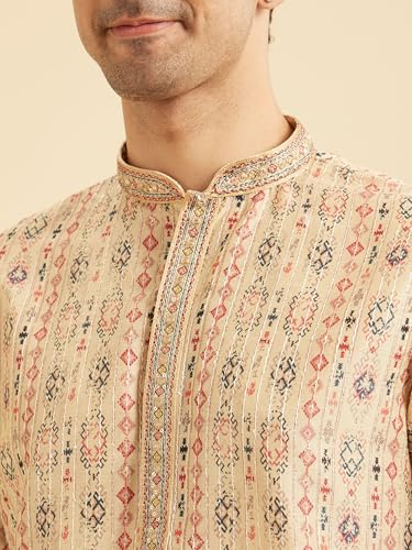 Manyavar Men's Art Silk Printed with Thread Work Kurta Set (2pcs), Beige, S