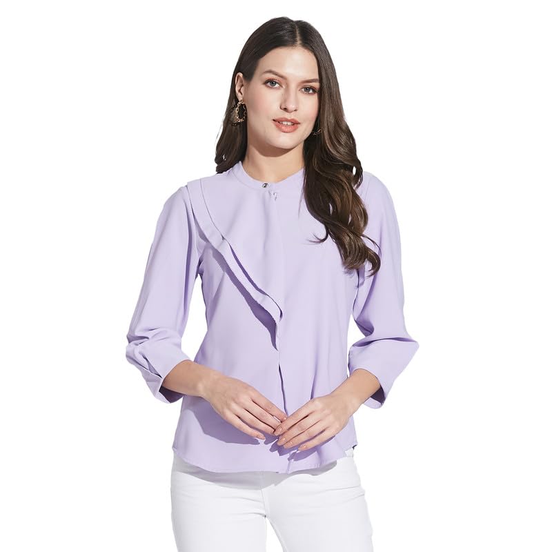 Latin Quarters Women Lavender Mandarin Collar 3/4 Sleeve Solid Top