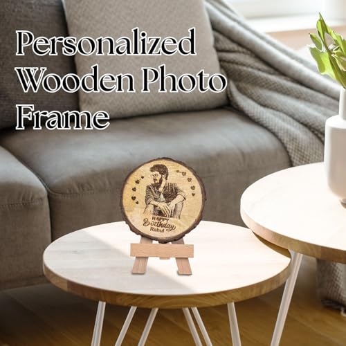 Giftanna Customize Engraved Natural Slice Wooden Photo Frame, Personalized Photo Gift for Birthday, Wedding, Real Wood Plaque with Wood Stand, Tabletop_ 5.5x5.5 inches