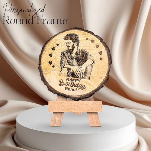 Giftanna Customize Engraved Natural Slice Wooden Photo Frame, Personalized Photo Gift for Birthday, Wedding, Real Wood Plaque with Wood Stand, Tabletop_ 5.5x5.5 inches