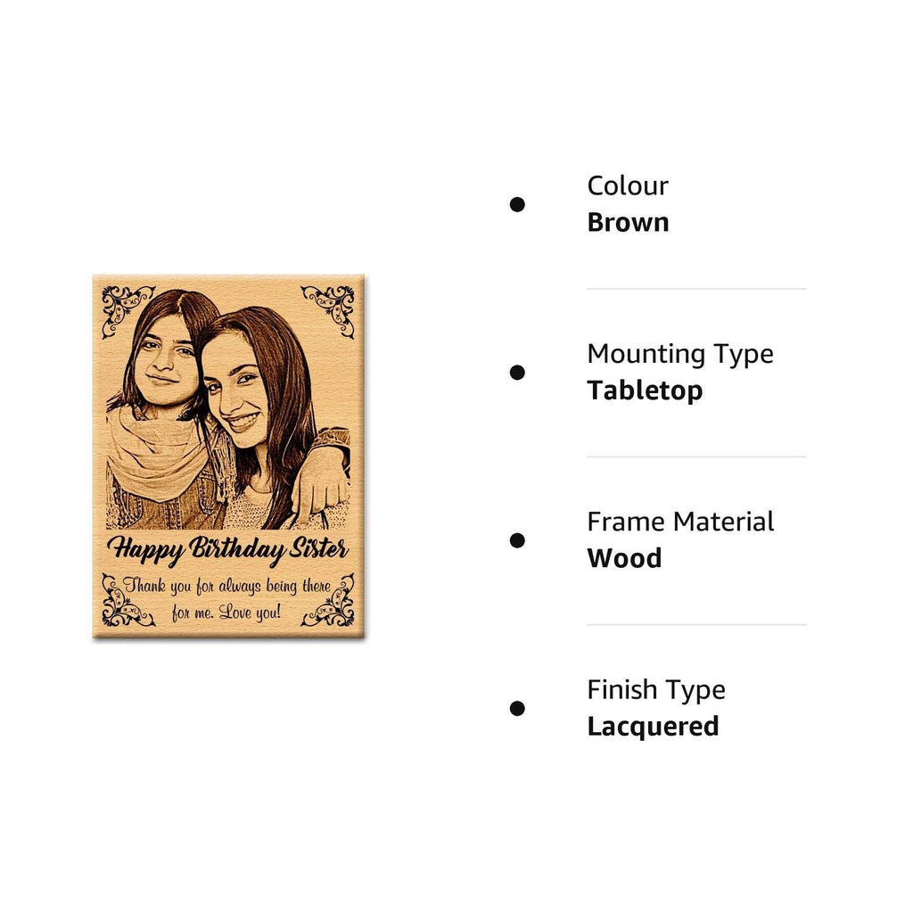 GFTBX Birthday Gift for Sister - Personalized Engraved Wooden Photo Frame with Photo Upload | Customized Gifts for Sister on her Birthday | Personalized Gifts for Birthday | Sister Gift (5x4in, Wood)