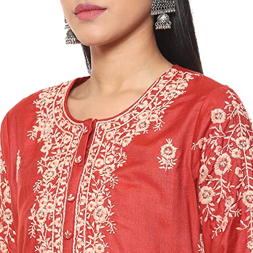 BIBA Ladies Cotton Straight Embroidered Costume Set, terracotta, XL