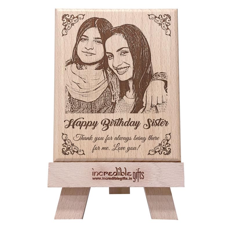 GFTBX Birthday Gift for Sister - Personalized Engraved Wooden Photo Frame with Photo Upload | Customized Gifts for Sister on her Birthday | Personalized Gifts for Birthday | Sister Gift (5x4in, Wood)