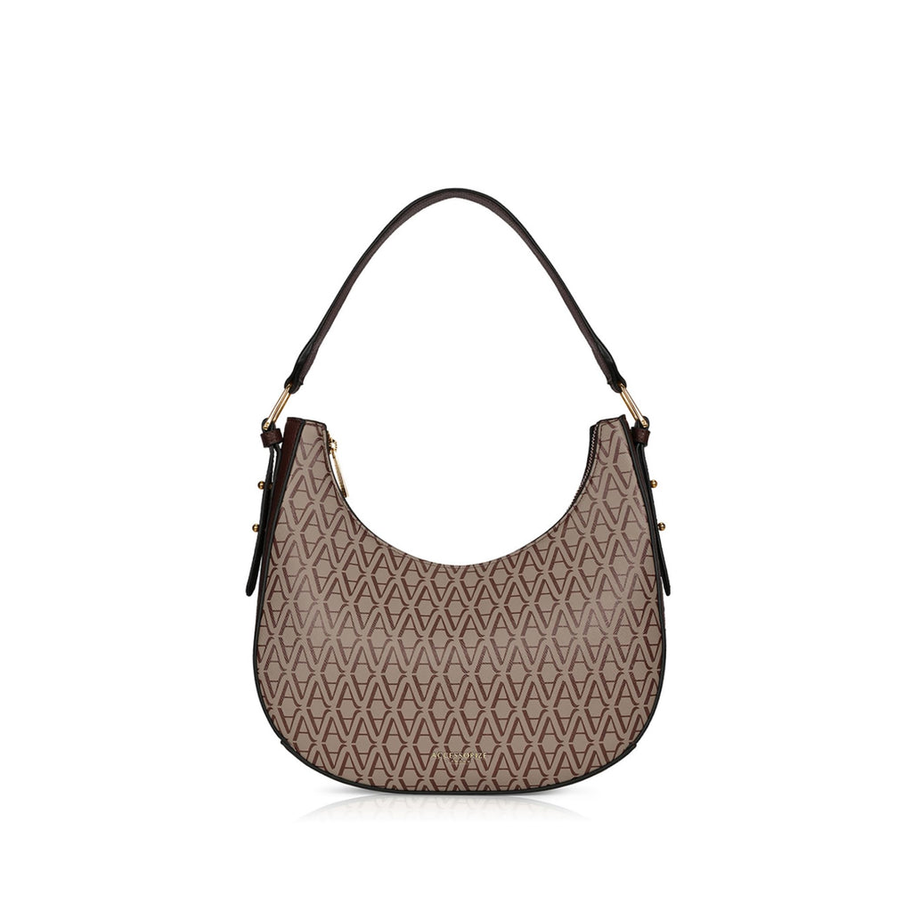 Accessorize London Women's Amara Monogram Hobo Bag I Shoulder Bag For Ladies| hand bags for women stylish, Brown, M