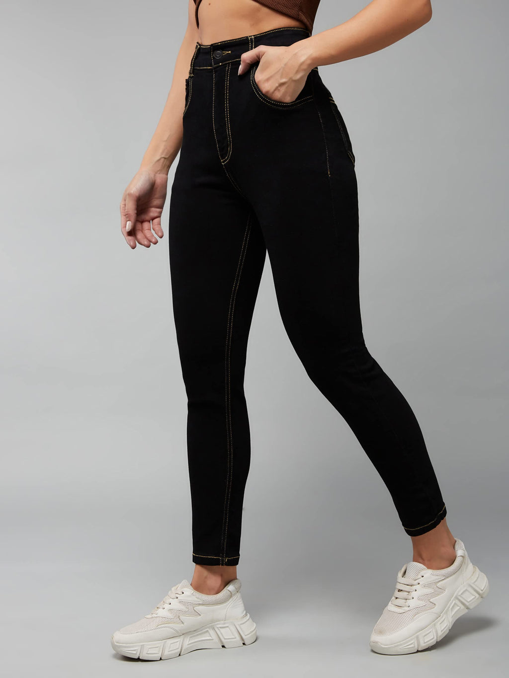 Dolce Crudo Women's High Waisted Regular Stretch Jeans, Black, 28
