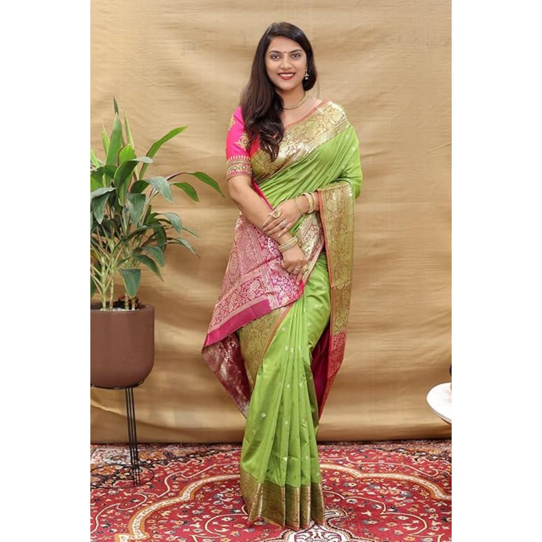 AMIRAT Banarasi Saree for Women 2024 Design Wear Pattu Cotton Saree with Blouse for Wedding, Perrot Green, One size