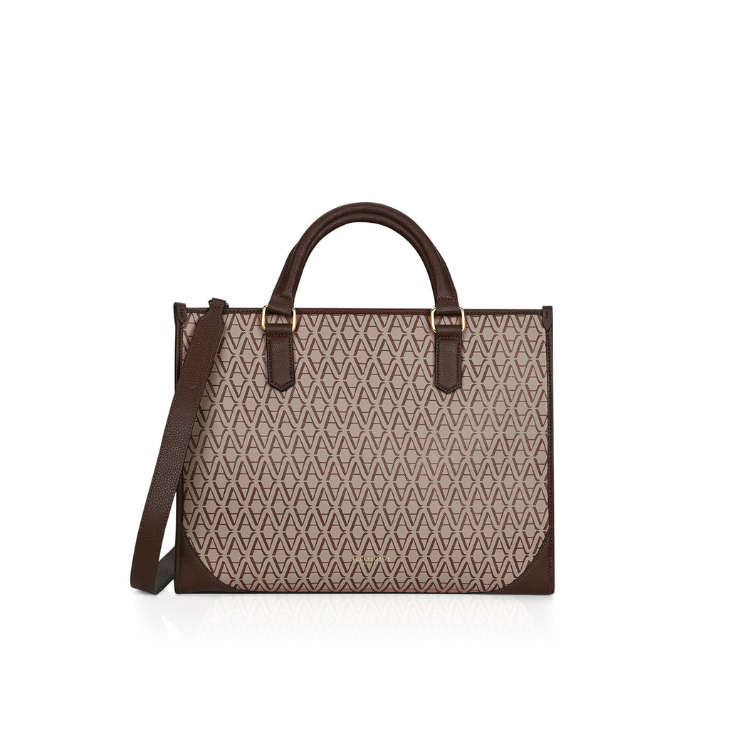 Accessorize London Women's Brown Bette Monogram Large Sized Tote Bag With Adjustable & Detachable Sling Strap And Top Handles | Fits Upto 16" Laptop | Tote Bags for Women For Office Use, Work, Brown