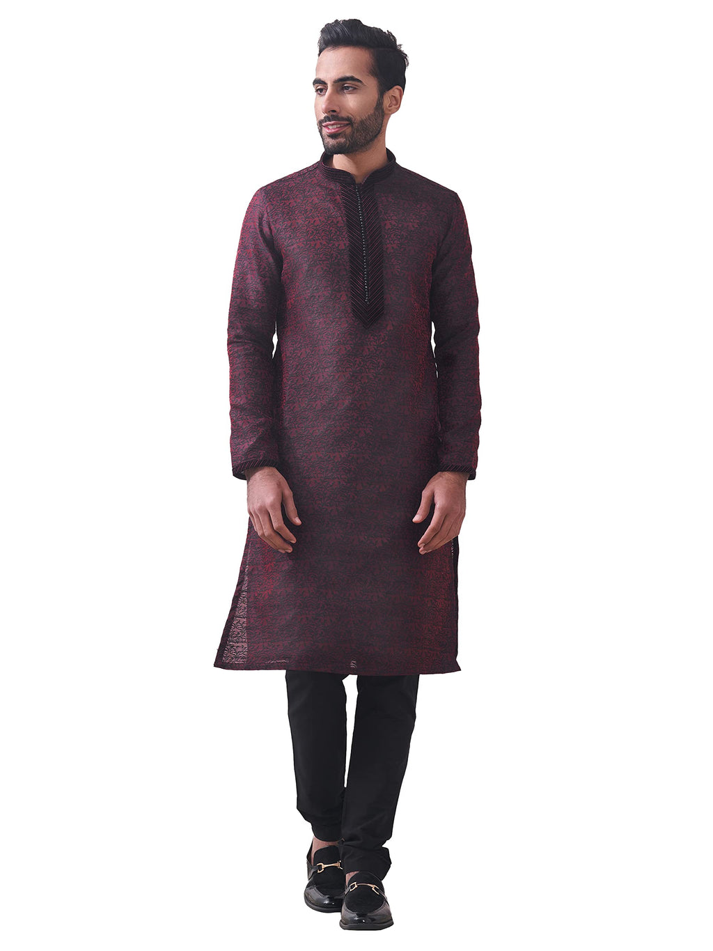Manyavar Maroon Art Silk Full Sleeve Kurta Set | Traditional Kurta Set for Men (XL)