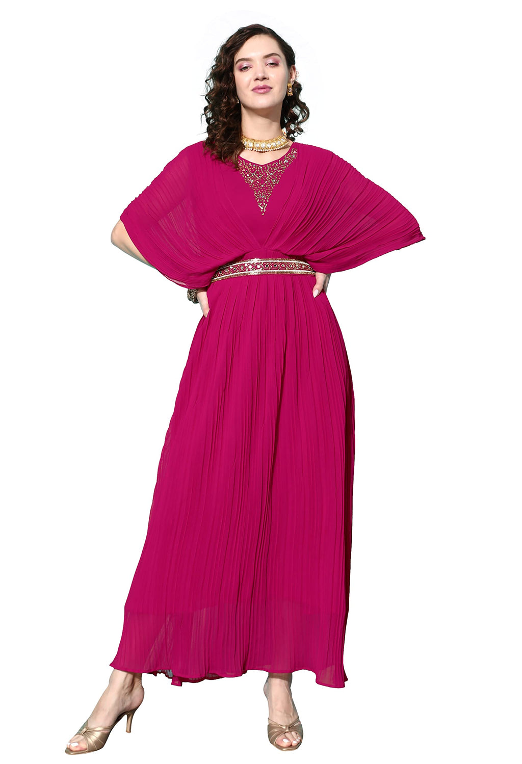 LYMI LABEL Western Gown For Women - Georgette Butterfly Sleeves Long Cinched Waist Gown Dress With Belt For Traditional, Indo Western, Ethnic Wear, Pink, S