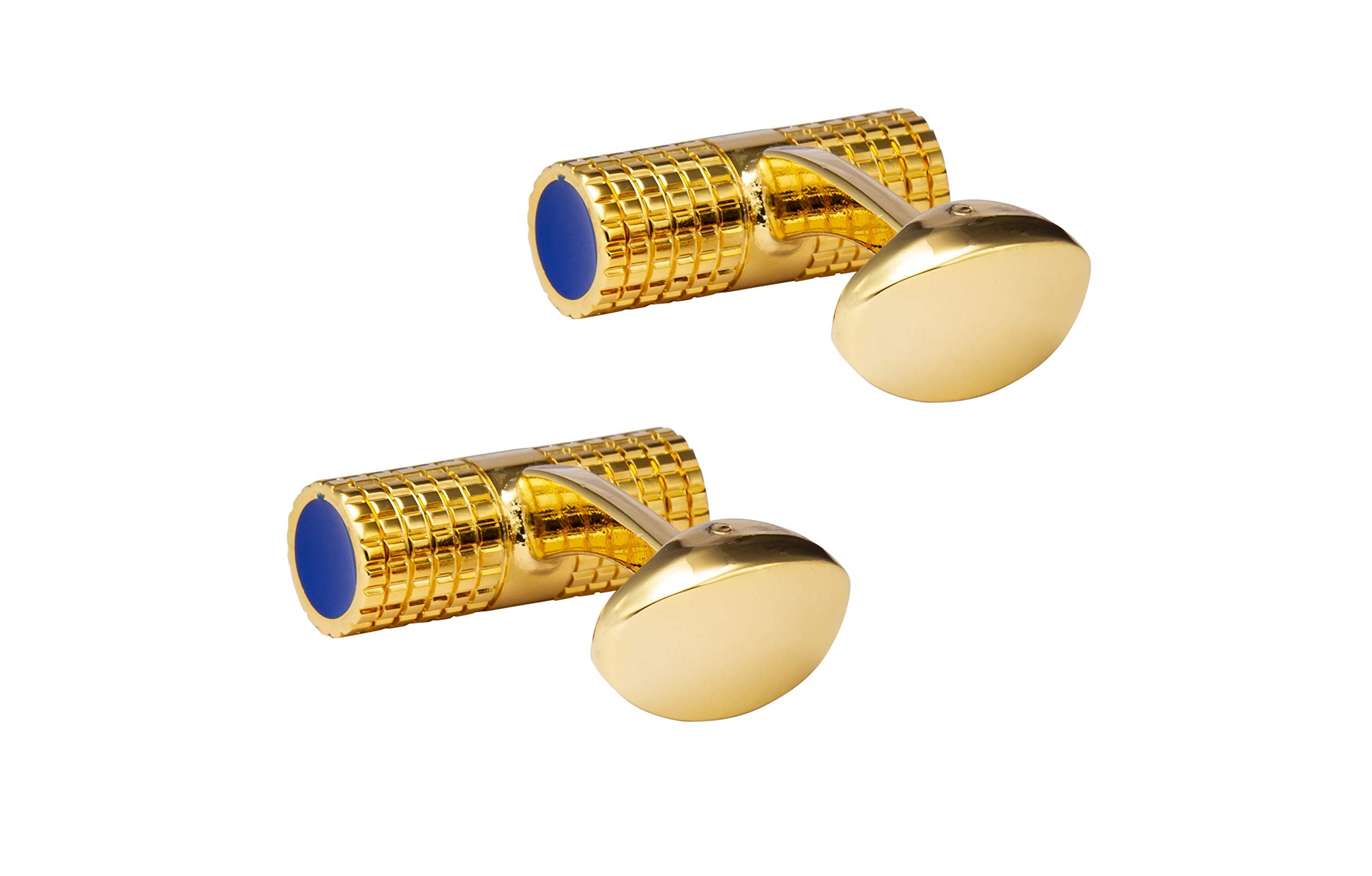 Knighthood Gold Checkered Cylinder with Blue Tips Cufflinks for Men Shirt Cuff Links Business, Wedding Gifts with Gift Box