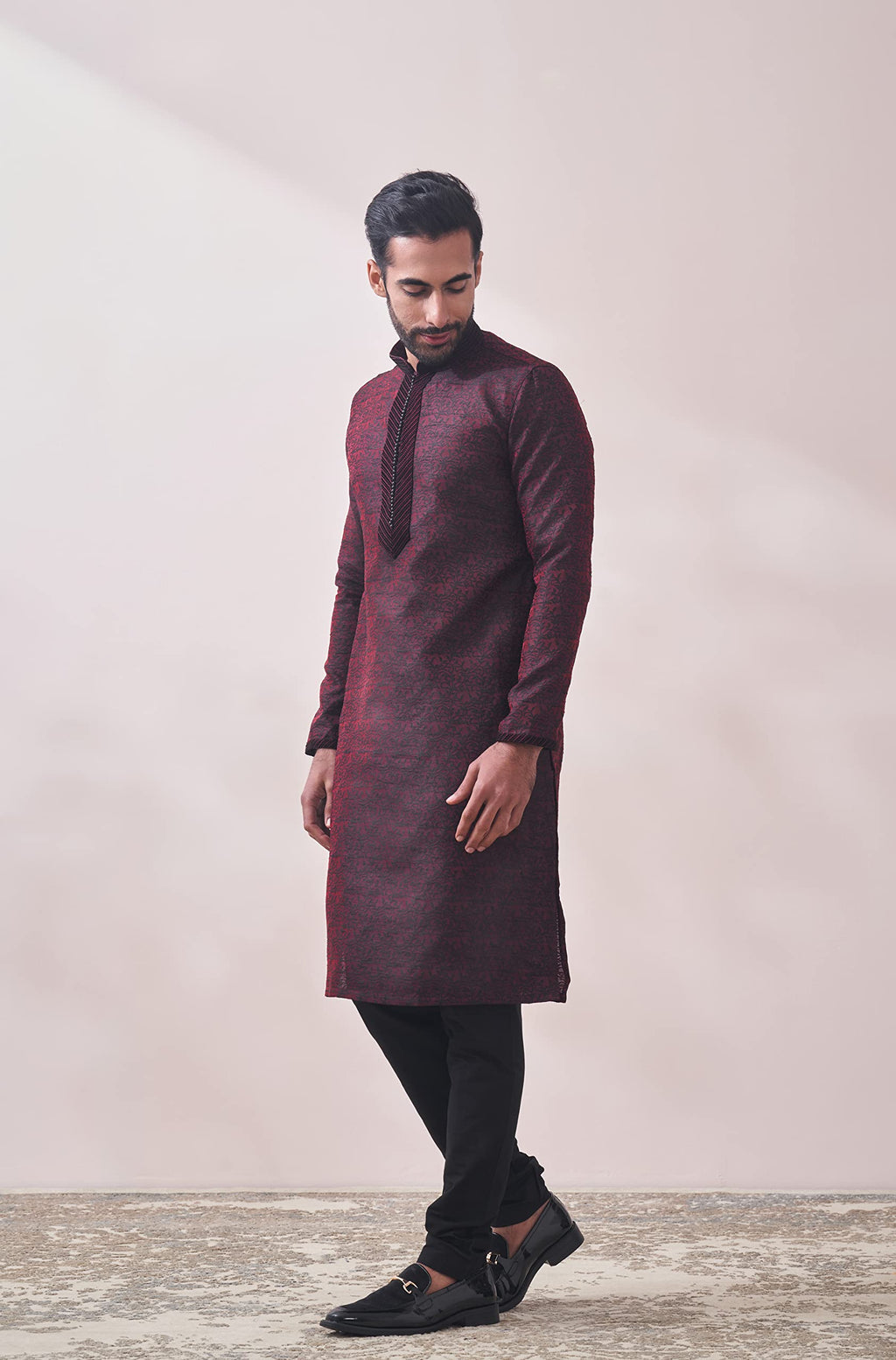 Manyavar Maroon Art Silk Full Sleeve Kurta Set | Traditional Kurta Set for Men (XL)