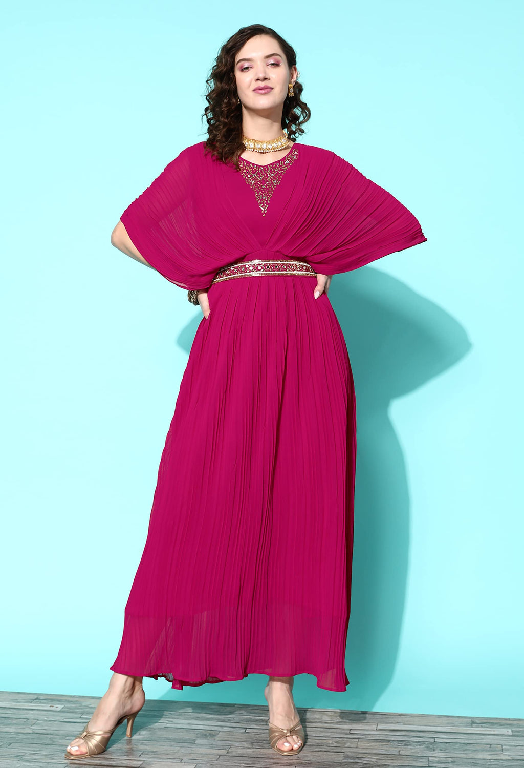 LYMI LABEL Western Gown For Women - Georgette Butterfly Sleeves Long Cinched Waist Gown Dress With Belt For Traditional, Indo Western, Ethnic Wear, Pink, S