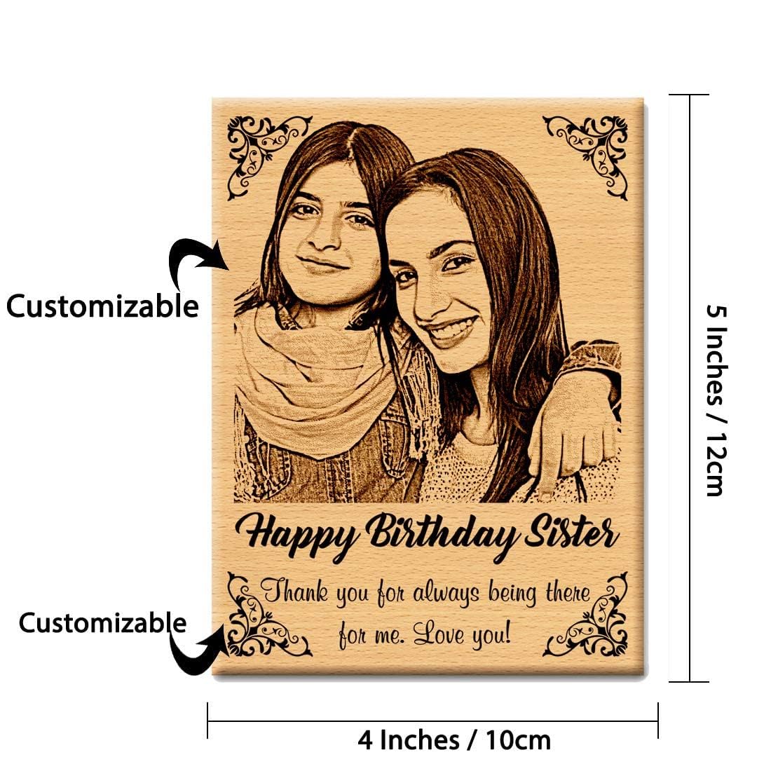 GFTBX Birthday Gift for Sister - Personalized Engraved Wooden Photo Frame with Photo Upload | Customized Gifts for Sister on her Birthday | Personalized Gifts for Birthday | Sister Gift (5x4in, Wood)