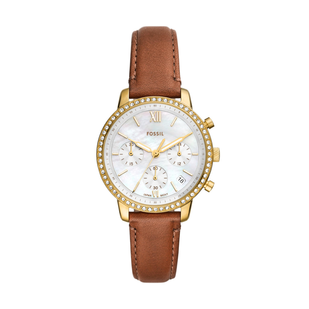Fossil Women's Neutra Quartz Stainless Steel Chronograph Watch, Color: Gold/Brown Leather (Model: ES5278)