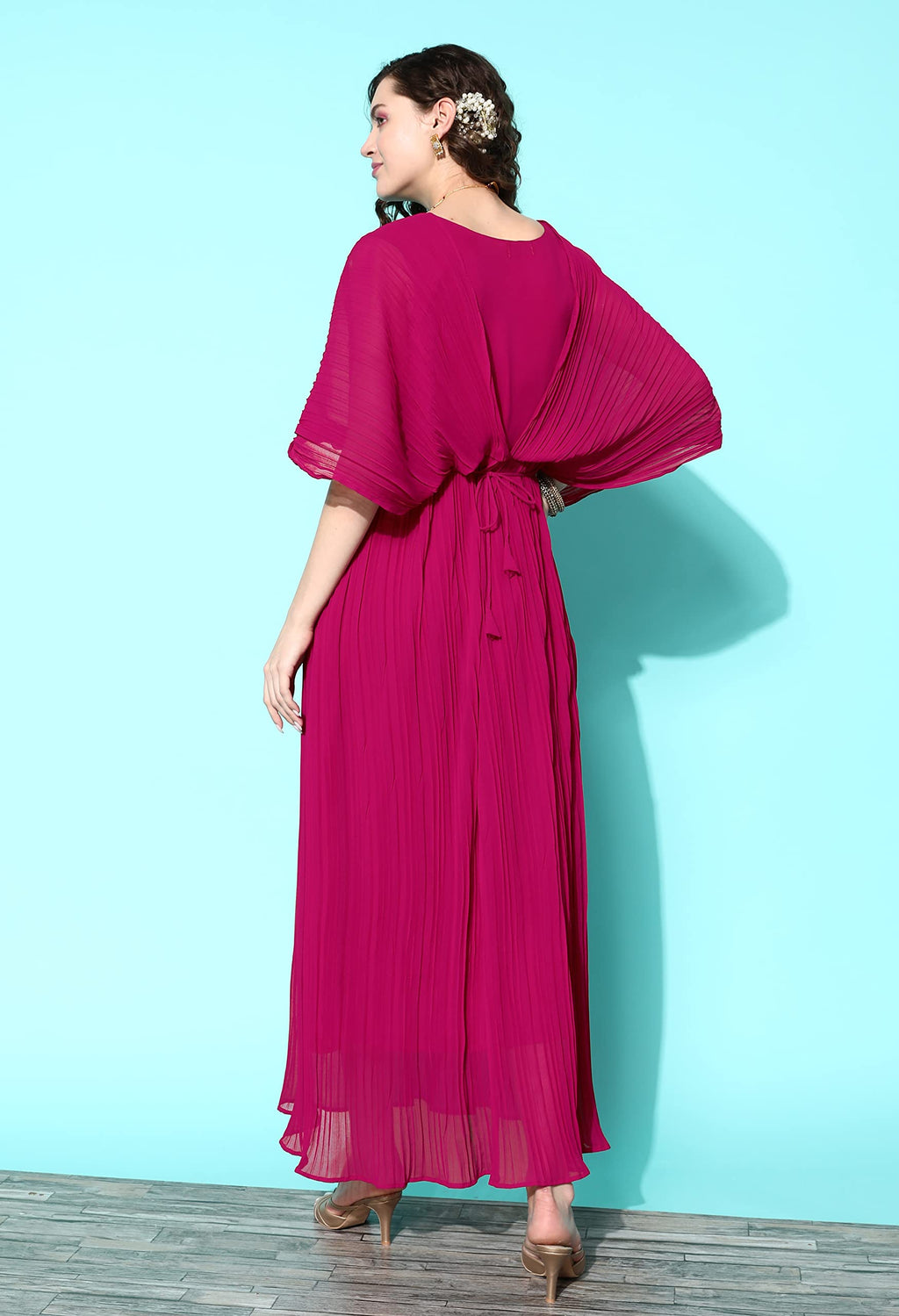 LYMI LABEL Western Gown For Women - Georgette Butterfly Sleeves Long Cinched Waist Gown Dress With Belt For Traditional, Indo Western, Ethnic Wear, Pink, S