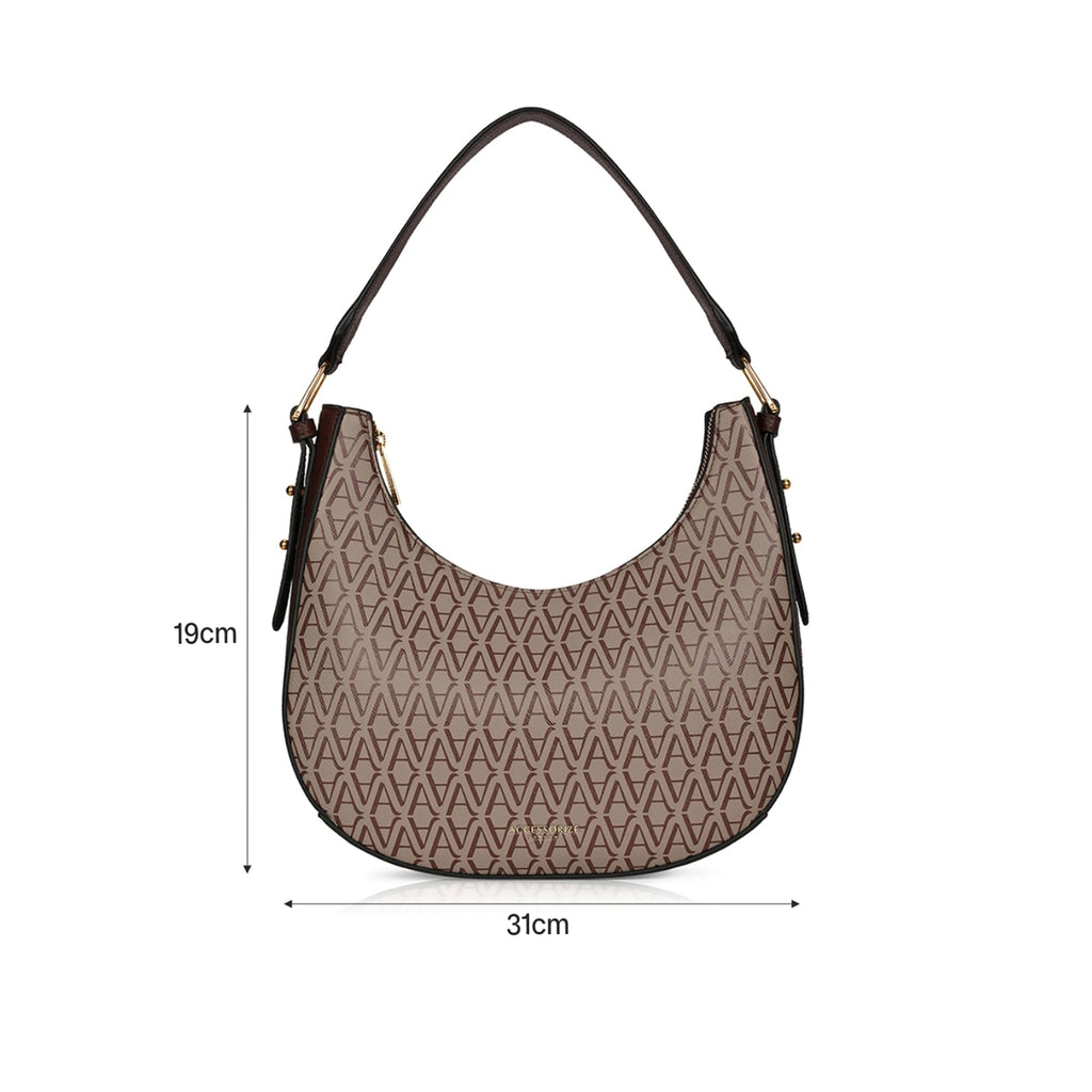 Accessorize London Women's Amara Monogram Hobo Bag I Shoulder Bag For Ladies| hand bags for women stylish, Brown, M
