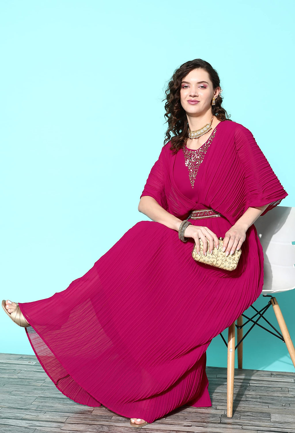 LYMI LABEL Western Gown For Women - Georgette Butterfly Sleeves Long Cinched Waist Gown Dress With Belt For Traditional, Indo Western, Ethnic Wear, Pink, S