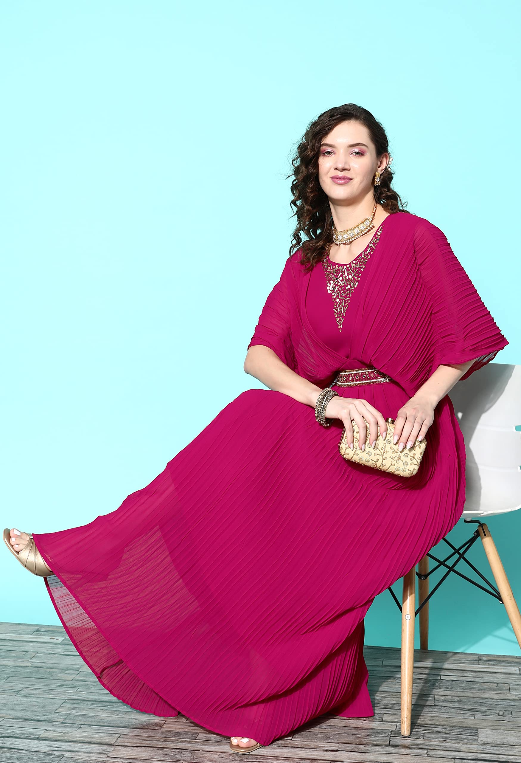 LYMI LABEL Western Gown For Women - Georgette Butterfly Sleeves Long Cinched Waist Gown Dress With Belt For Traditional, Indo Western, Ethnic Wear, Pink, S