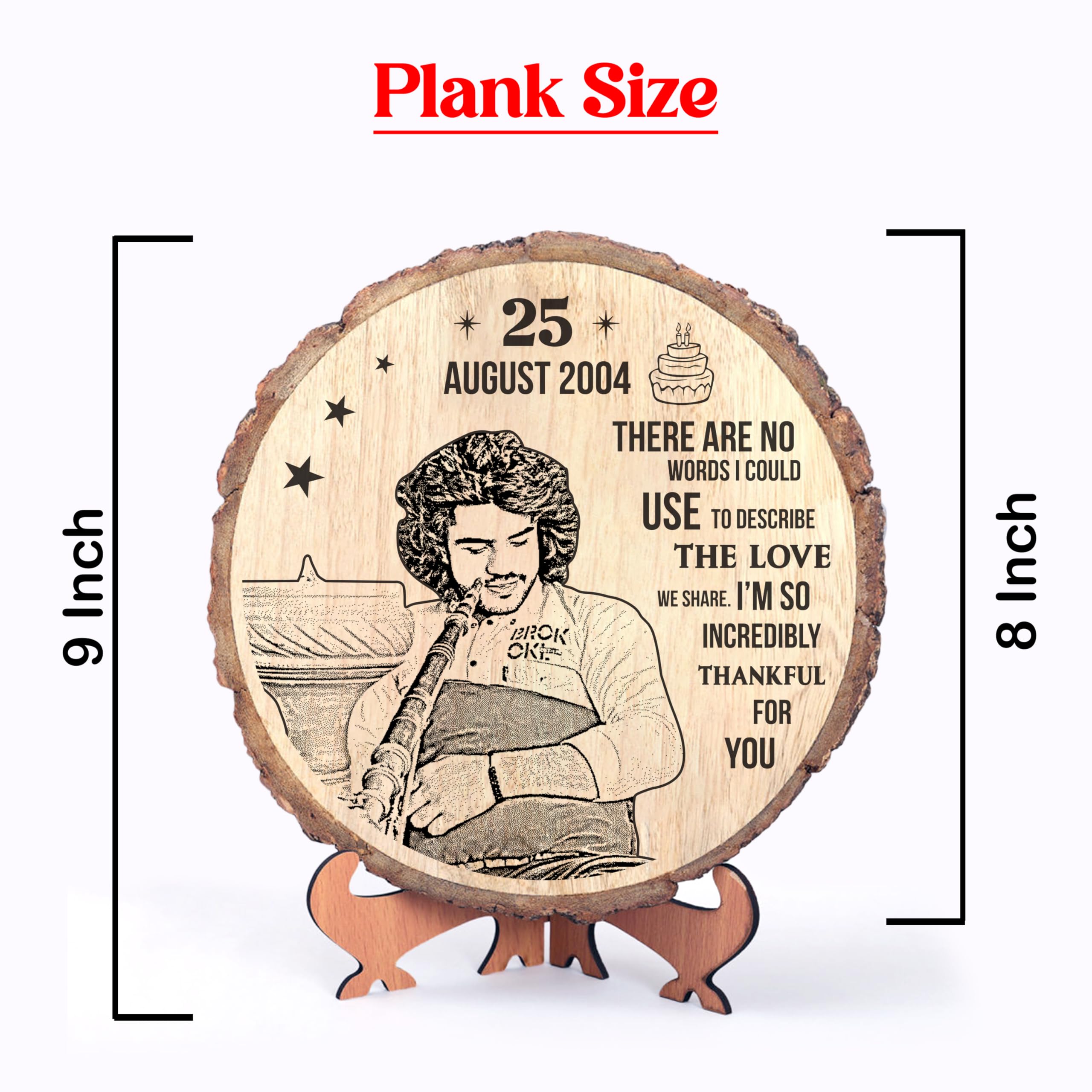 Personalized Engraved Natural Wooden Slice Photo Frame With Wood Stand for Valentine's Day, Valentine Gift for Girlfriend Boyfriend Husband Wife-Valentine Day (8 Inches, Brown, Tabletop)