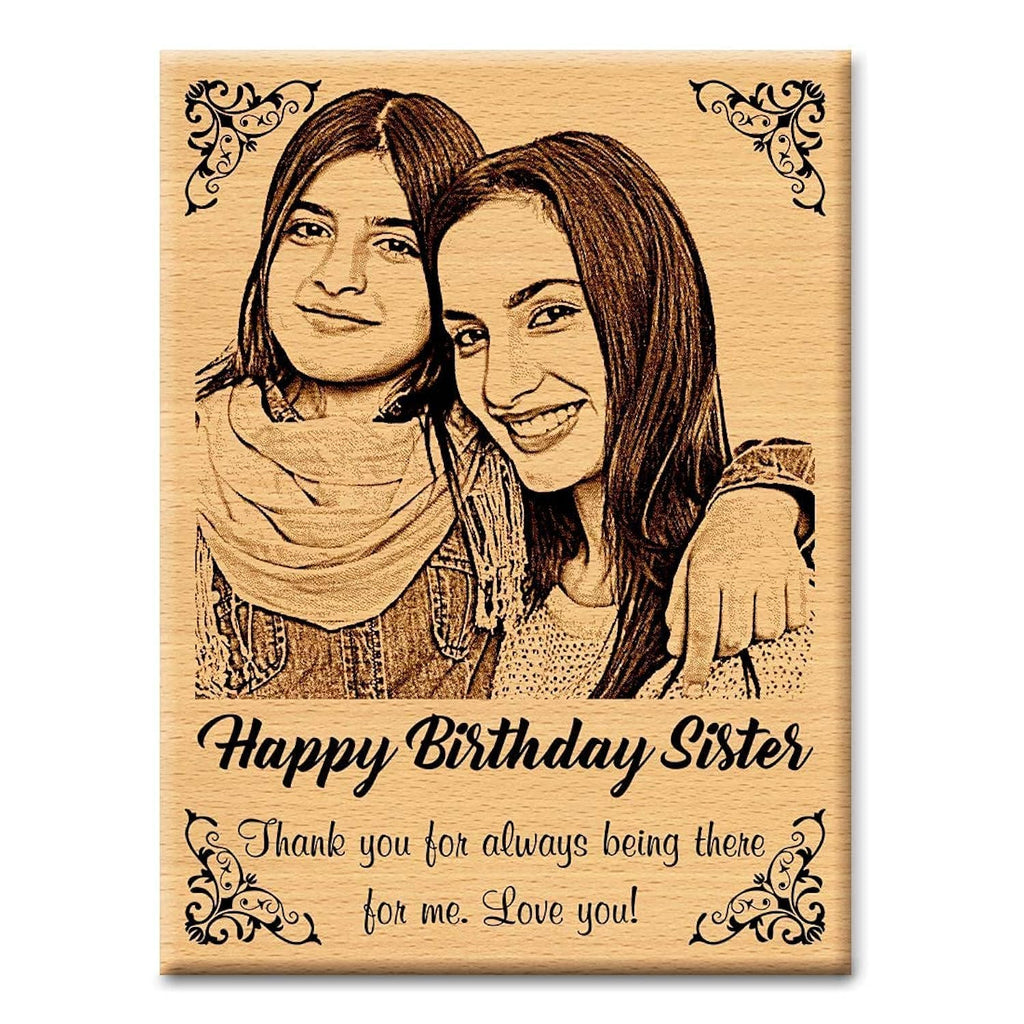 GFTBX Birthday Gift for Sister - Personalized Engraved Wooden Photo Frame with Photo Upload | Customized Gifts for Sister on her Birthday | Personalized Gifts for Birthday | Sister Gift (5x4in, Wood)