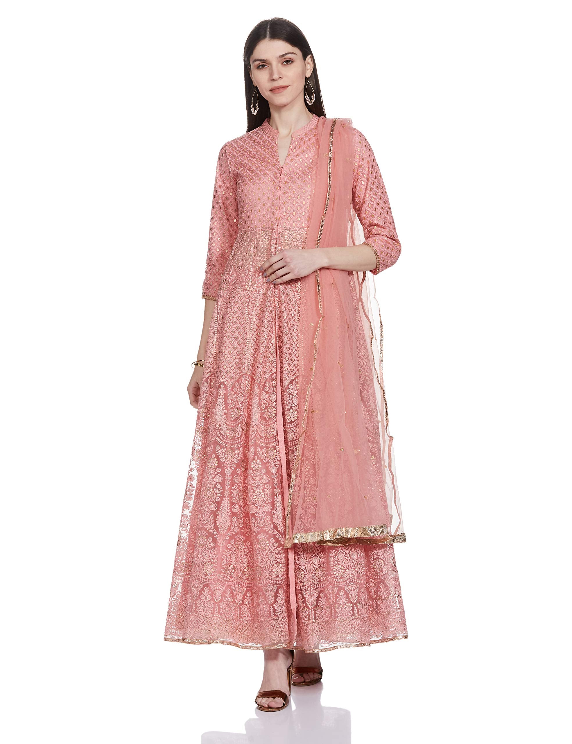Biba Dusky Pink Front Open Anarkali Suit Set