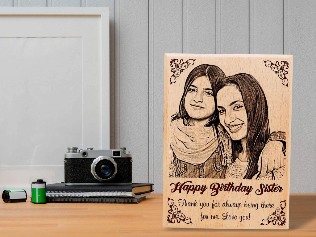 GFTBX Birthday Gift for Sister - Personalized Engraved Wooden Photo Frame with Photo Upload | Customized Gifts for Sister on her Birthday | Personalized Gifts for Birthday | Sister Gift (5x4in, Wood)