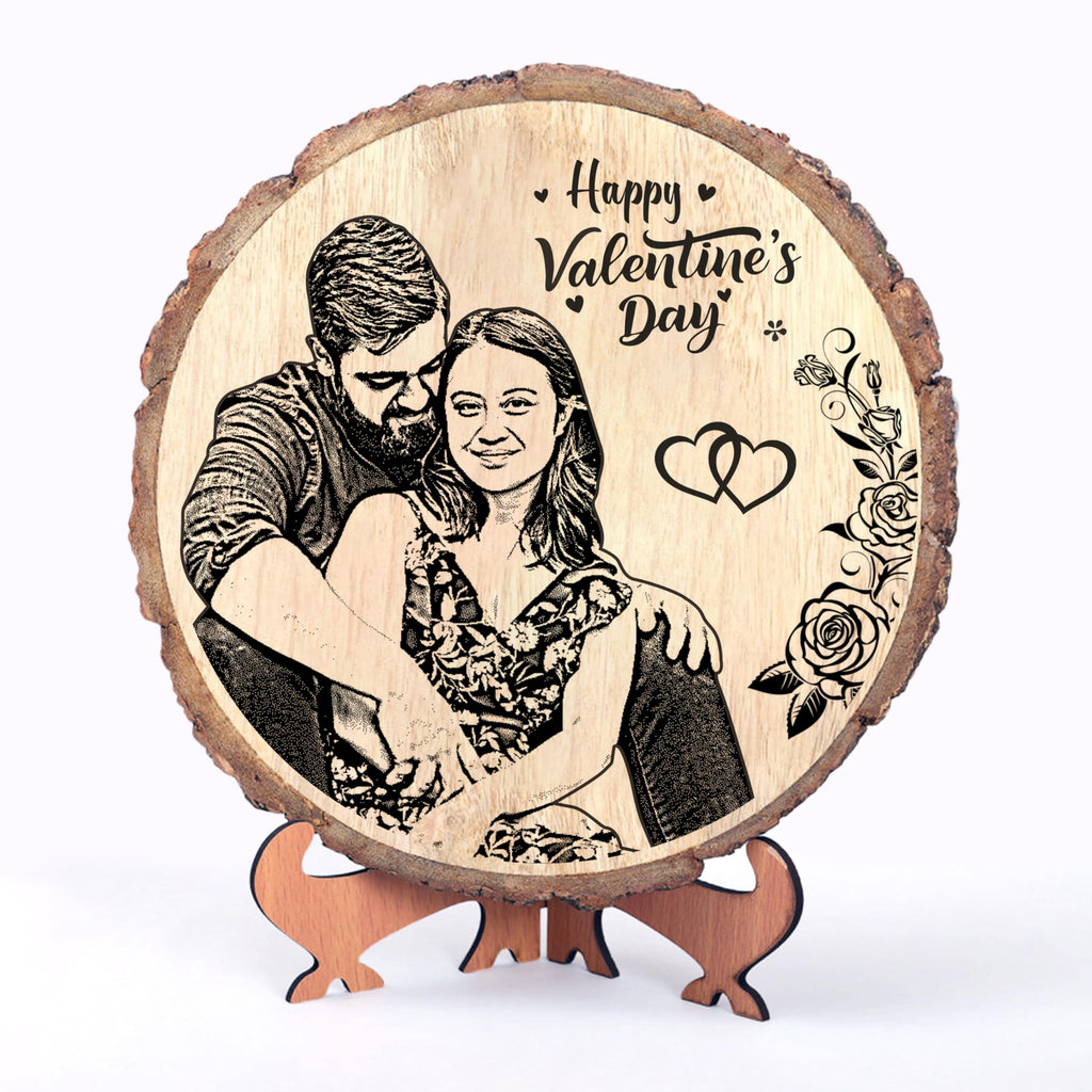Personalized Engraved Natural Wooden Slice Photo Frame With Wood Stand for Valentine's Day, Valentine Gift for Girlfriend Boyfriend Husband Wife-Valentine Day (8 Inches, Brown, Tabletop)