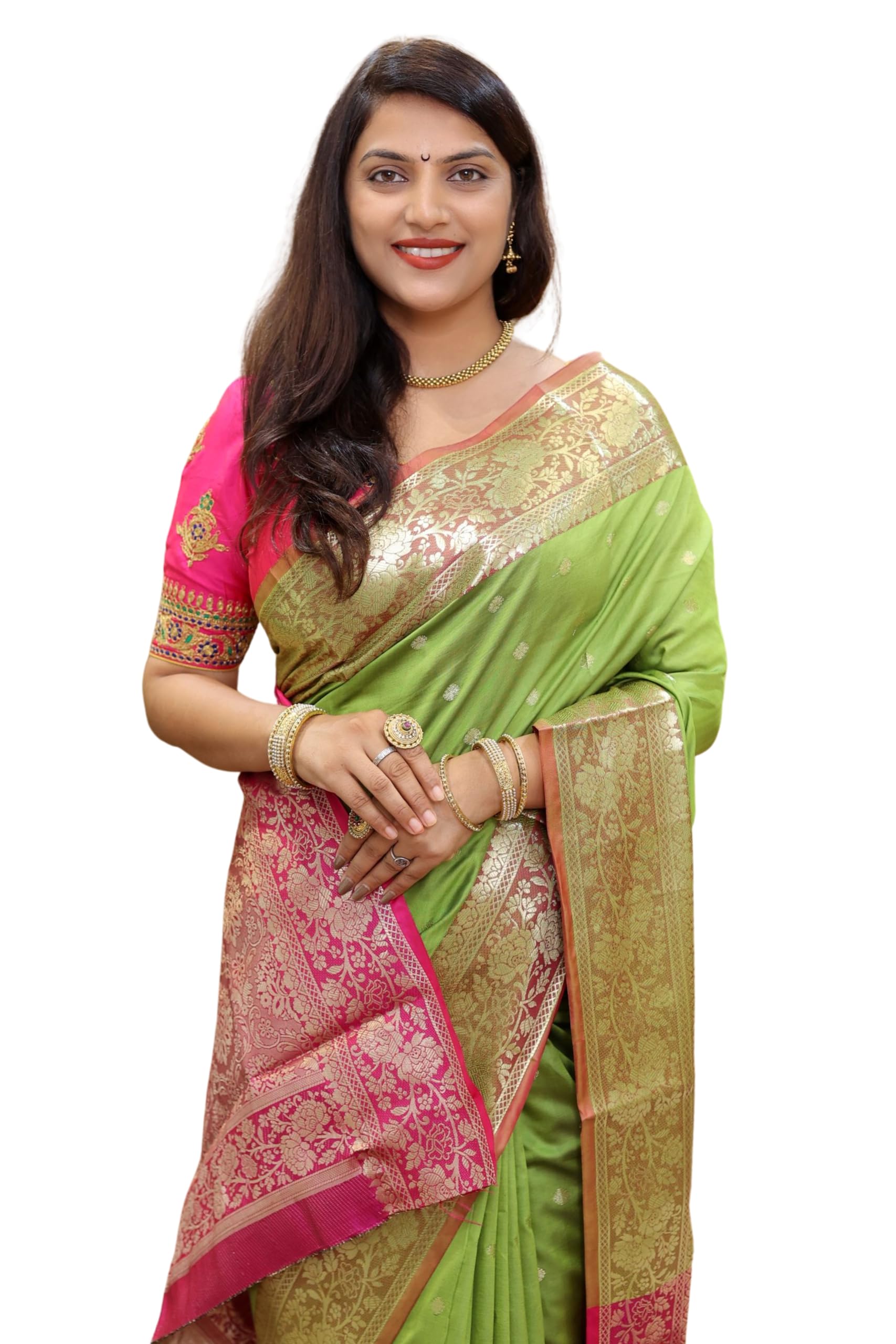AMIRAT Banarasi Saree for Women 2024 Design Wear Pattu Cotton Saree with Blouse for Wedding, Perrot Green, One size