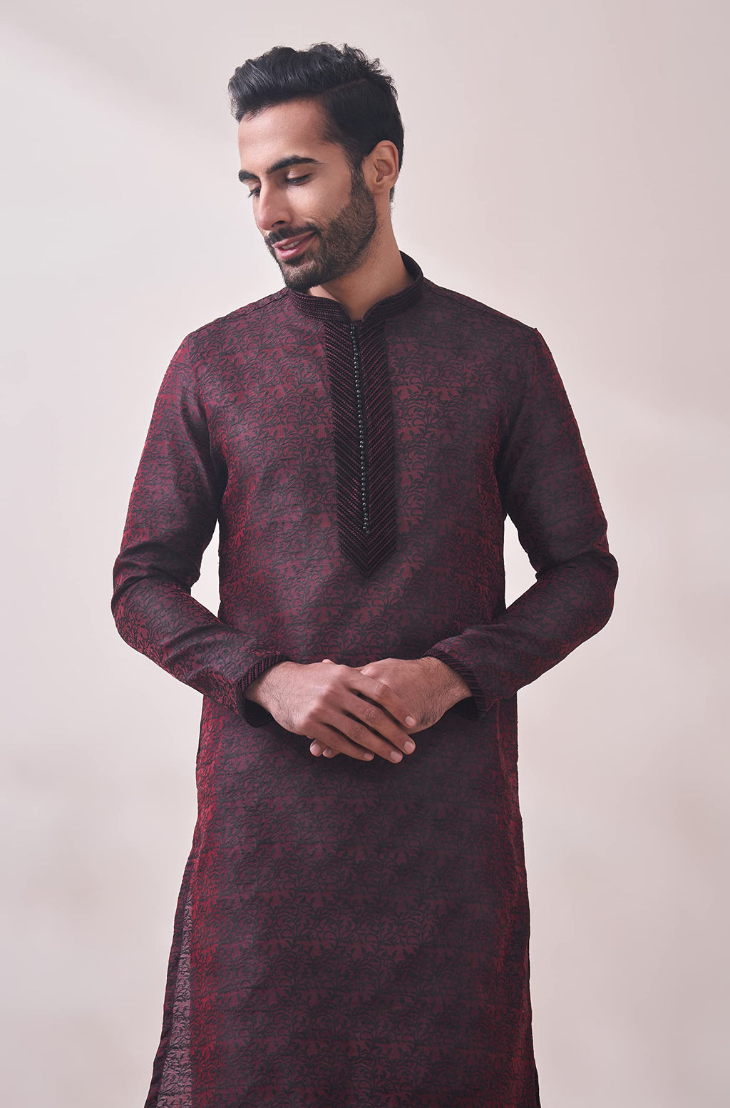 Manyavar Maroon Art Silk Full Sleeve Kurta Set | Traditional Kurta Set for Men (XL)